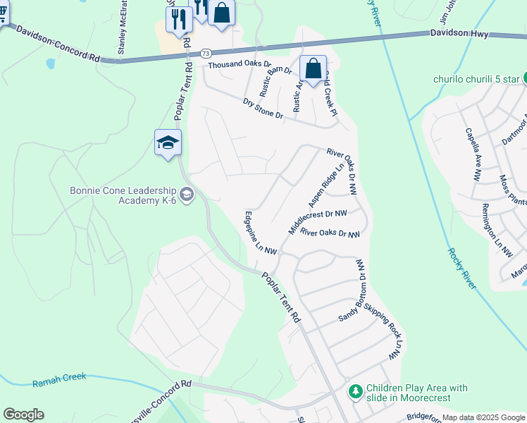 map of restaurants, bars, coffee shops, grocery stores, and more near 11163 River Oaks Drive Northwest in Concord