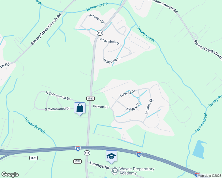 map of restaurants, bars, coffee shops, grocery stores, and more near 207 Waverly Drive in Goldsboro