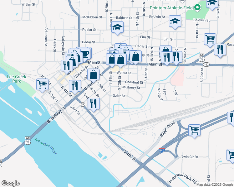 map of restaurants, bars, coffee shops, grocery stores, and more near 1117 Ozier Street in Van Buren