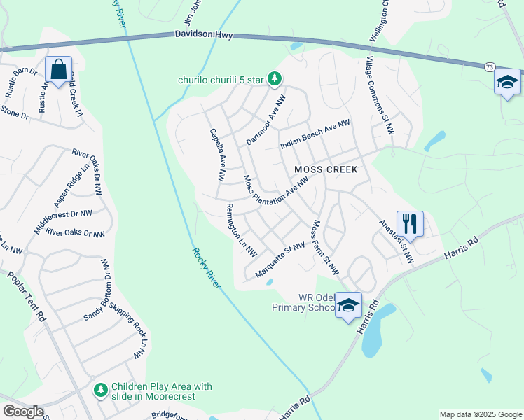 map of restaurants, bars, coffee shops, grocery stores, and more near 1478 Prestbury Road Northwest in Concord
