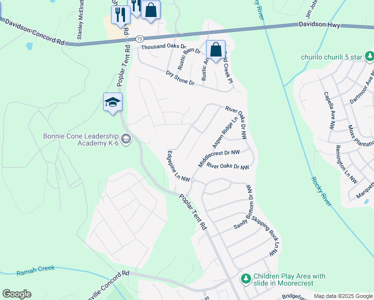 map of restaurants, bars, coffee shops, grocery stores, and more near 1464 Overlea Place Northwest in Concord