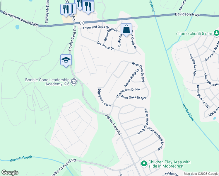 map of restaurants, bars, coffee shops, grocery stores, and more near 1464 Overlea Place Northwest in Concord