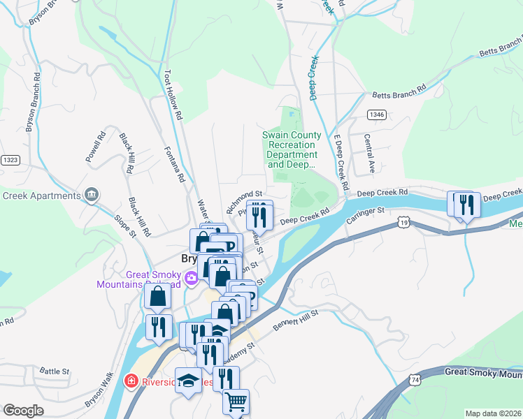 map of restaurants, bars, coffee shops, grocery stores, and more near 30 Park Street in Bryson City
