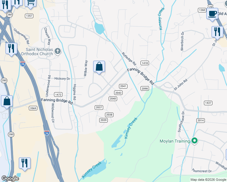map of restaurants, bars, coffee shops, grocery stores, and more near 122 County Road 2043 in Fletcher