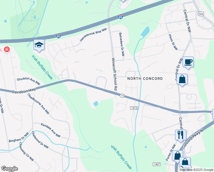 map of restaurants, bars, coffee shops, grocery stores, and more near 2868 Mountcrest Circle Northwest in Concord