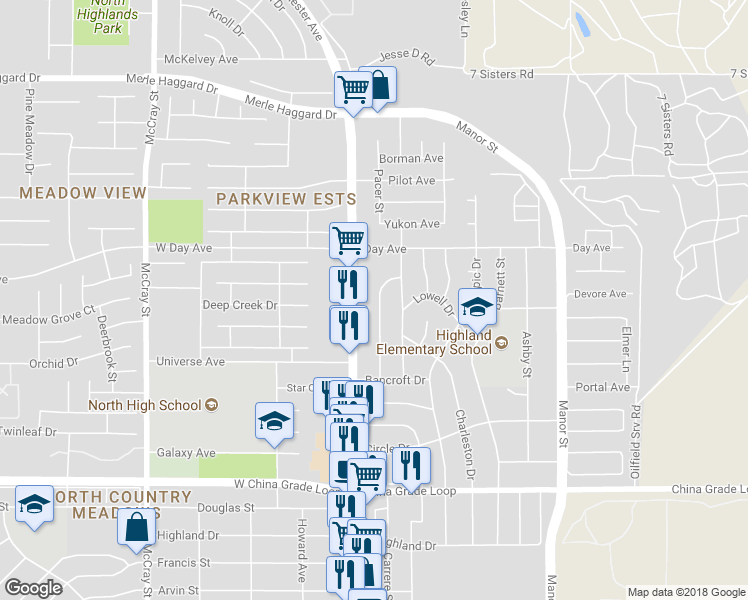 map of restaurants, bars, coffee shops, grocery stores, and more near 2919 Peerless Avenue in Bakersfield