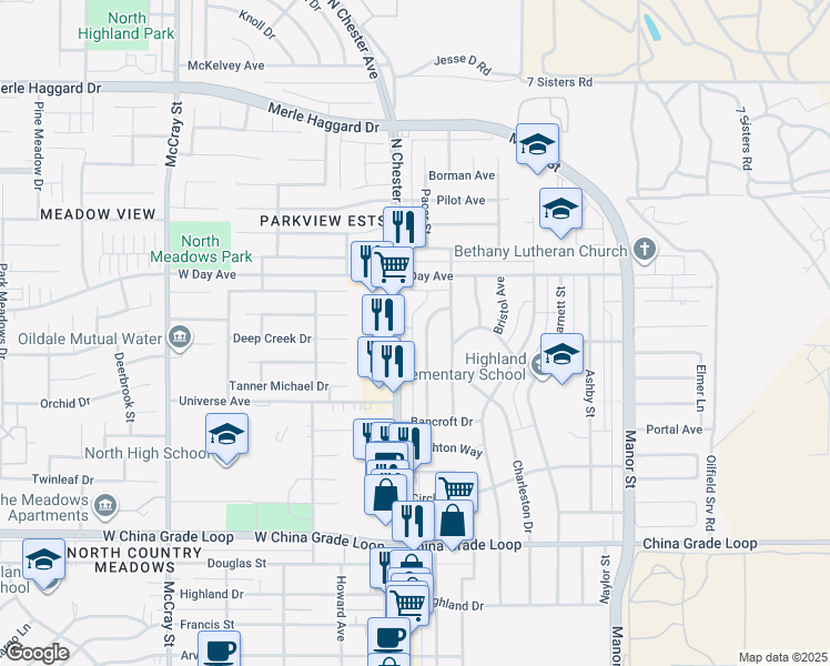 map of restaurants, bars, coffee shops, grocery stores, and more near 2919 Peerless Avenue in Bakersfield