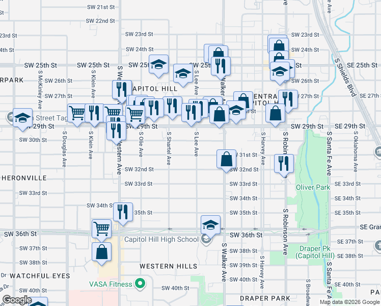 map of restaurants, bars, coffee shops, grocery stores, and more near 600 Southwest 31st Street in Oklahoma City