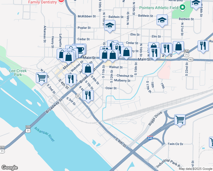 map of restaurants, bars, coffee shops, grocery stores, and more near 1115 Ozier Street in Van Buren