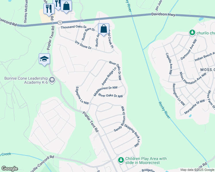 map of restaurants, bars, coffee shops, grocery stores, and more near 1321 Middlecrest Drive Northwest in Concord