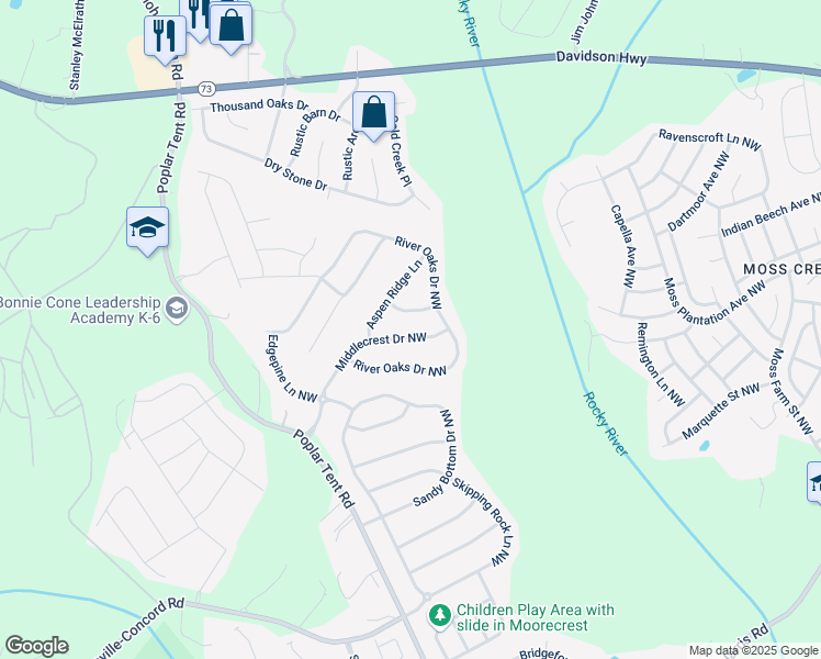 map of restaurants, bars, coffee shops, grocery stores, and more near Middlecrest Drive Northwest in Concord