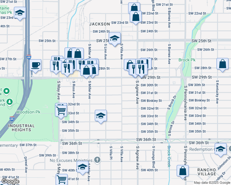 map of restaurants, bars, coffee shops, grocery stores, and more near 3201 South Villa Avenue in Oklahoma City