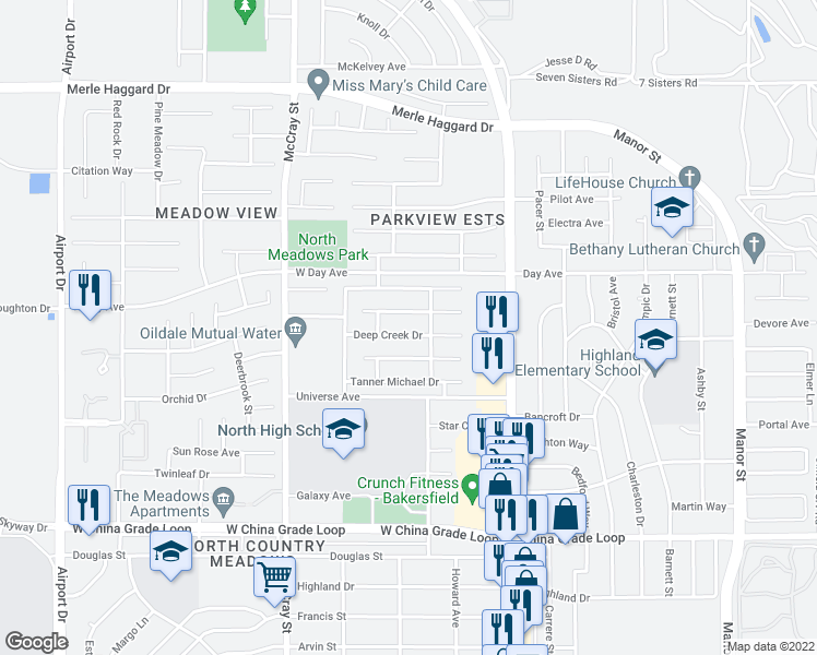 map of restaurants, bars, coffee shops, grocery stores, and more near 286 Deep Creek Drive in Bakersfield