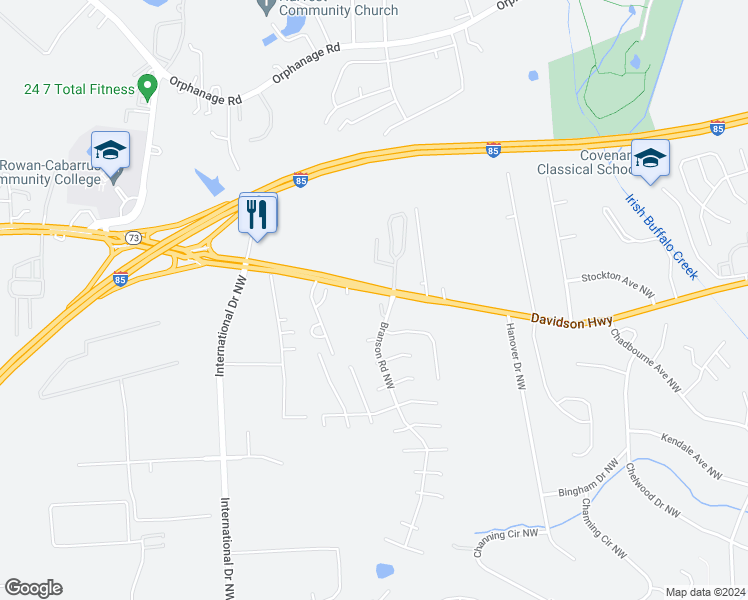 map of restaurants, bars, coffee shops, grocery stores, and more near 1266 Branson Road Northwest in Concord