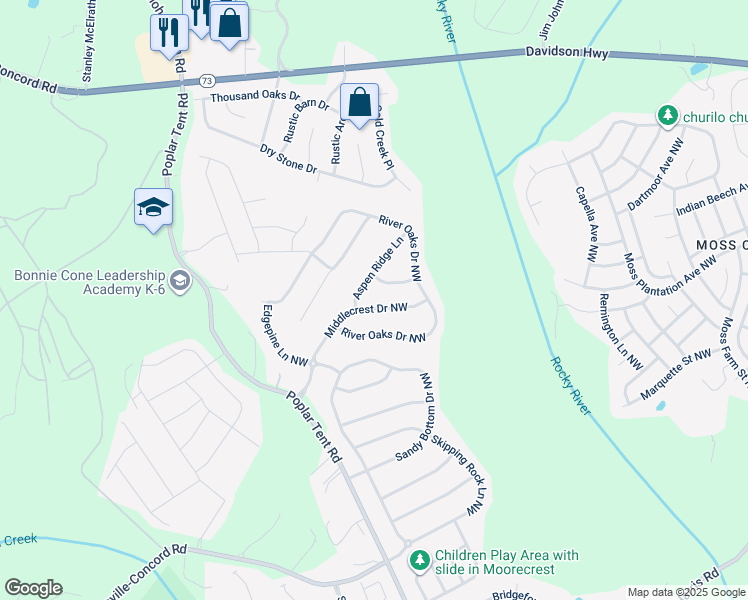 map of restaurants, bars, coffee shops, grocery stores, and more near 1321 Middlecrest Drive Northwest in Concord
