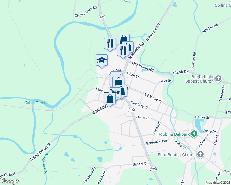 map of restaurants, bars, coffee shops, grocery stores, and more near 150 South Middleton Street in Robbins