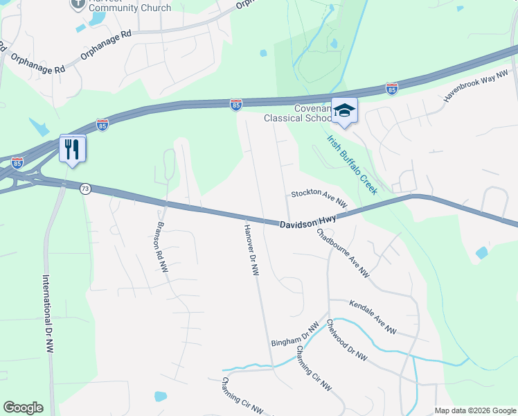 map of restaurants, bars, coffee shops, grocery stores, and more near 1311 Mistletoe Ridge Place Northwest in Concord