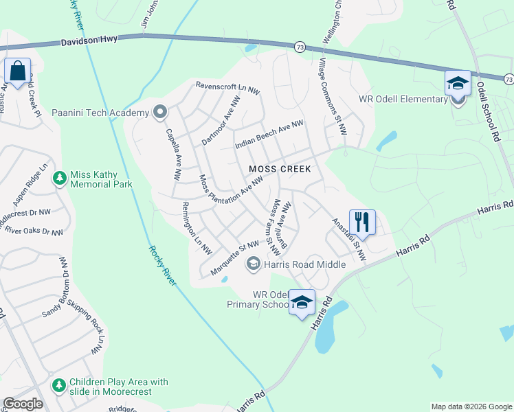 map of restaurants, bars, coffee shops, grocery stores, and more near 1419 Napa Street Northwest in Concord