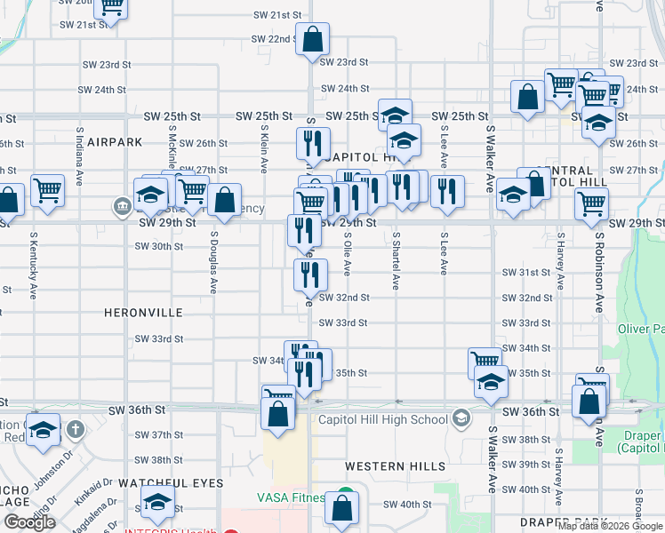 map of restaurants, bars, coffee shops, grocery stores, and more near 800 Southwest 31st Street in Oklahoma City