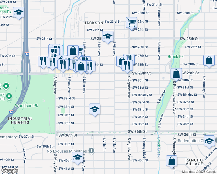 map of restaurants, bars, coffee shops, grocery stores, and more near 3201 South Villa Avenue in Oklahoma City