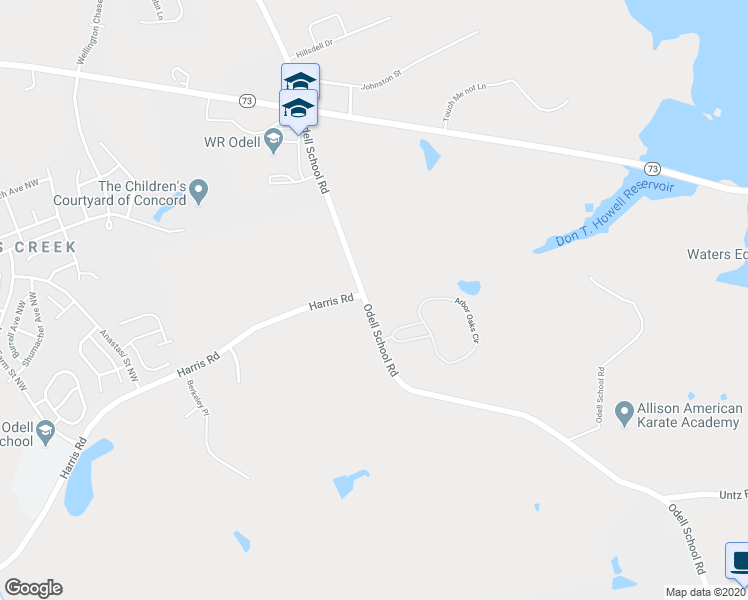 map of restaurants, bars, coffee shops, grocery stores, and more near 1420 Odell School Road in Concord
