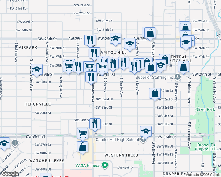 map of restaurants, bars, coffee shops, grocery stores, and more near 718 Southwest 31st Street in Oklahoma City