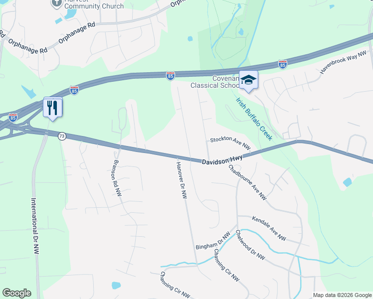 map of restaurants, bars, coffee shops, grocery stores, and more near 1311 Mistletoe Ridge Place Northwest in Concord