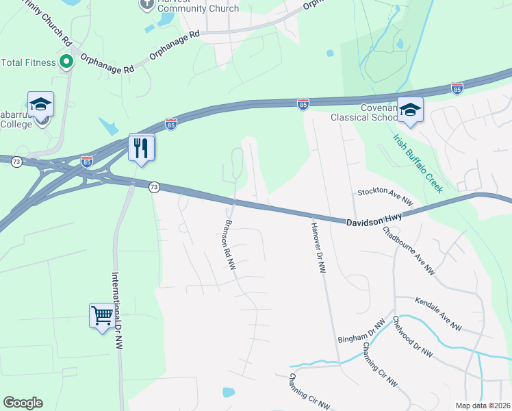 map of restaurants, bars, coffee shops, grocery stores, and more near 4151 Deerfield Drive Northwest in Concord