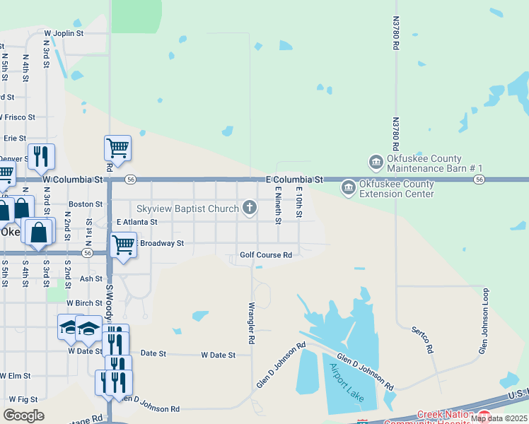 map of restaurants, bars, coffee shops, grocery stores, and more near 723 East Atlanta Street in Okemah