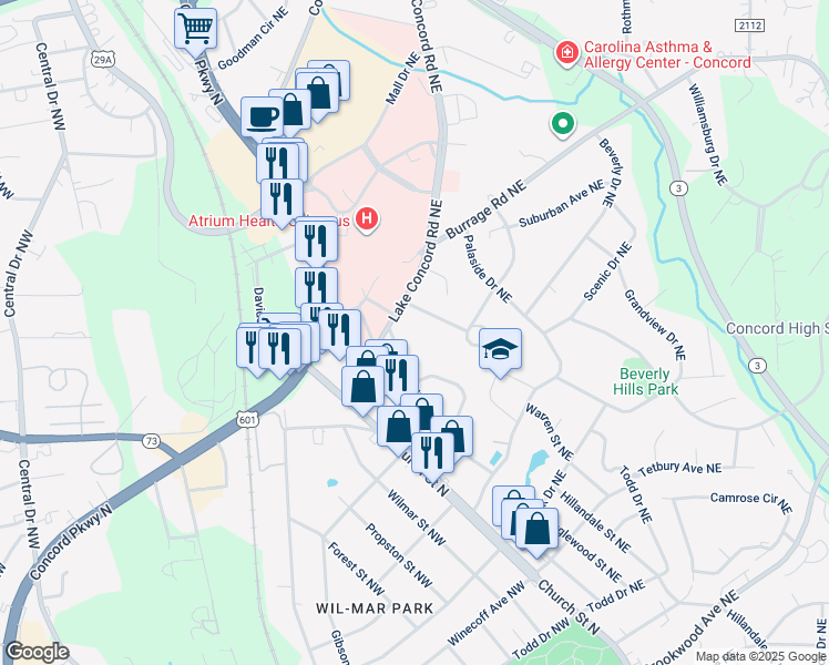 map of restaurants, bars, coffee shops, grocery stores, and more near Arbor Street Northeast in Concord