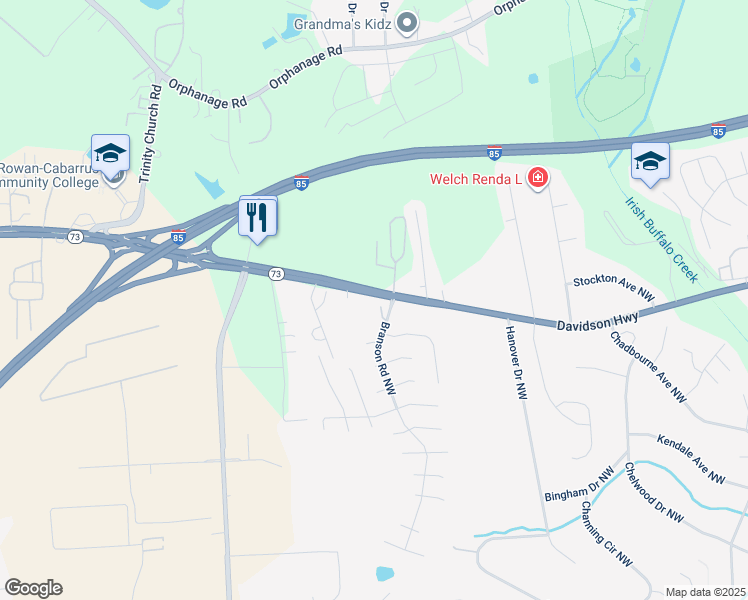 map of restaurants, bars, coffee shops, grocery stores, and more near 1262 Branson Road Northwest in Concord