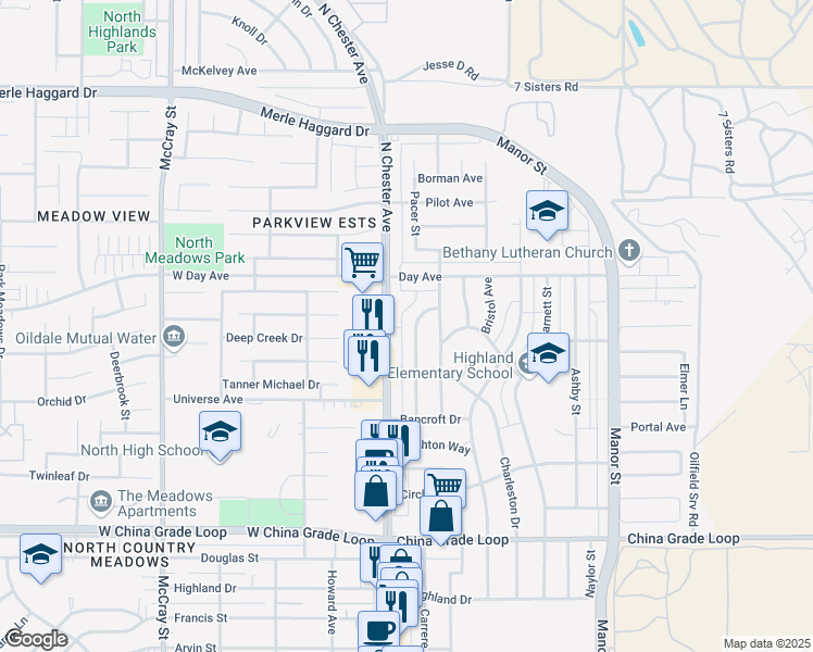 map of restaurants, bars, coffee shops, grocery stores, and more near 2919 Peerless Avenue in Bakersfield