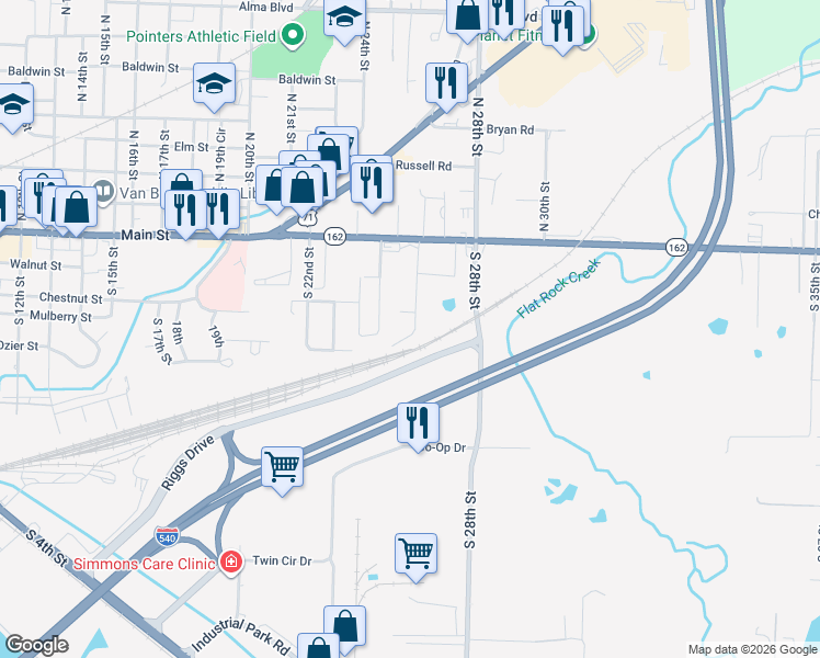 map of restaurants, bars, coffee shops, grocery stores, and more near 218 South 26th Street in Van Buren