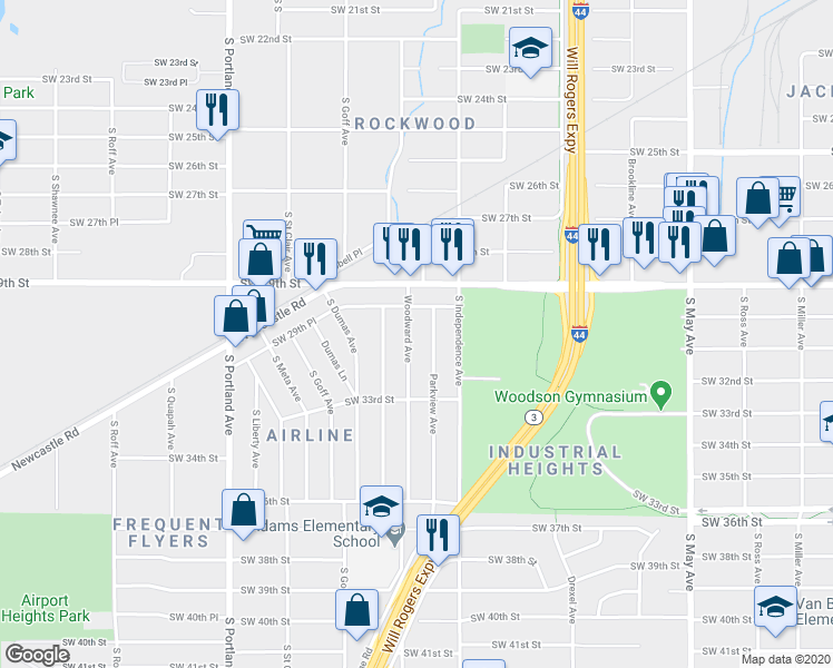 map of restaurants, bars, coffee shops, grocery stores, and more near 3213 Woodward Avenue in Oklahoma City