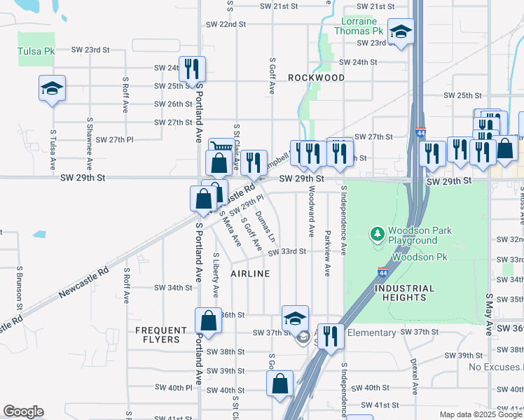 map of restaurants, bars, coffee shops, grocery stores, and more near 3205 Dumas Lane in Oklahoma City