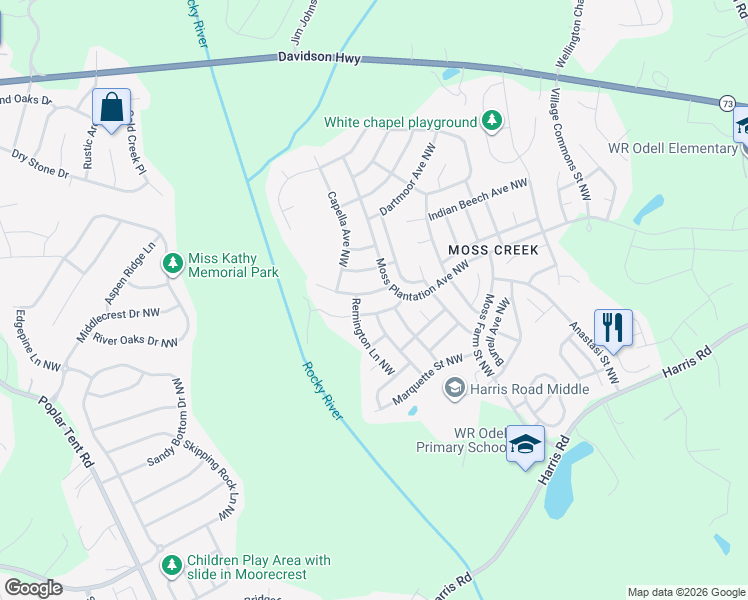 map of restaurants, bars, coffee shops, grocery stores, and more near 1482 Olive Hill Avenue Northwest in Concord