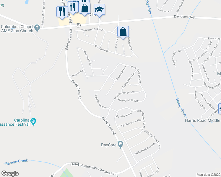 map of restaurants, bars, coffee shops, grocery stores, and more near 1452 Overlea Place Northwest in Concord