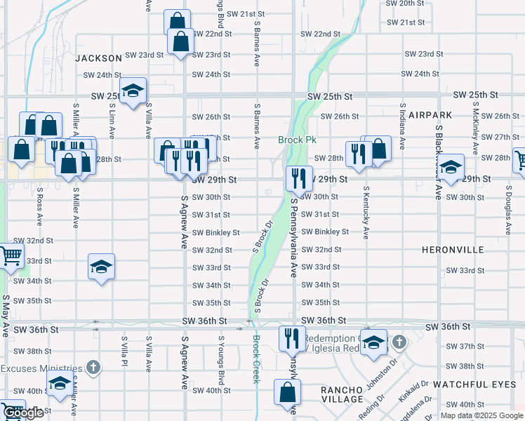 map of restaurants, bars, coffee shops, grocery stores, and more near 3207 1/2 South Brock Drive in Oklahoma City