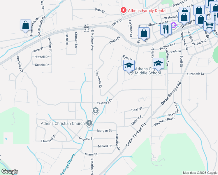 map of restaurants, bars, coffee shops, grocery stores, and more near 500 Lynnwood Drive in Athens