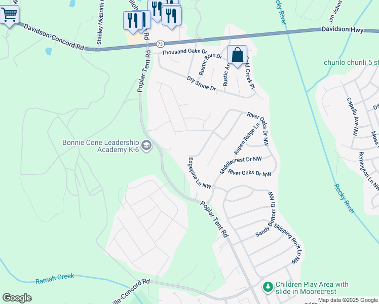map of restaurants, bars, coffee shops, grocery stores, and more near 11182 River Oaks Drive Northwest in Concord