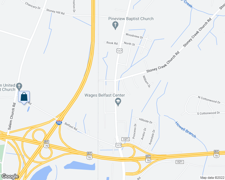 map of restaurants, bars, coffee shops, grocery stores, and more near 3163 U.S. 117 in Goldsboro