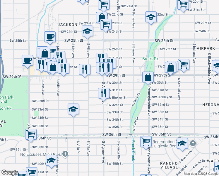 map of restaurants, bars, coffee shops, grocery stores, and more near 2336 Southwest 31st Street in Oklahoma City