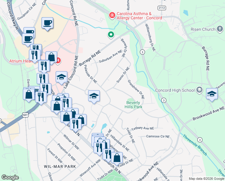 map of restaurants, bars, coffee shops, grocery stores, and more near 136 Palaside Drive Northeast in Concord