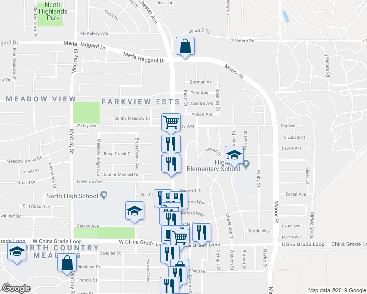 map of restaurants, bars, coffee shops, grocery stores, and more near 2919 Peerless Avenue in Bakersfield