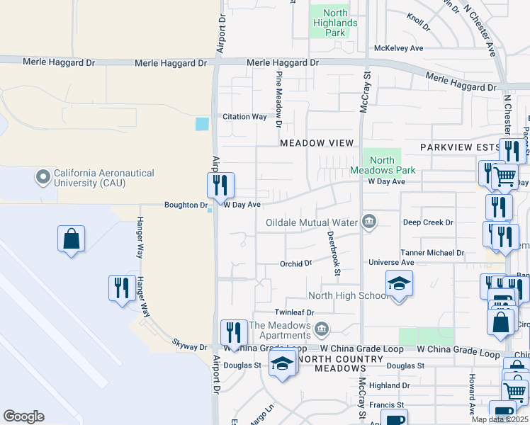 map of restaurants, bars, coffee shops, grocery stores, and more near 704 Meadow Grove Court in Bakersfield