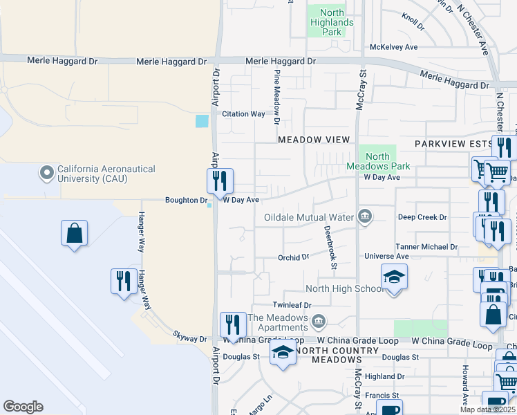 map of restaurants, bars, coffee shops, grocery stores, and more near 2911 Park Meadows Drive in Bakersfield