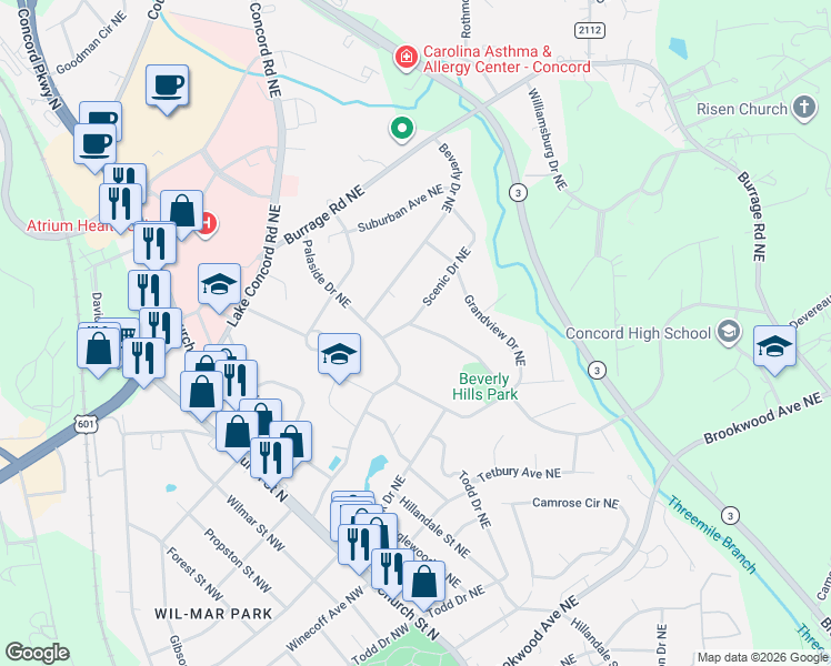 map of restaurants, bars, coffee shops, grocery stores, and more near 136 Palaside Drive Northeast in Concord