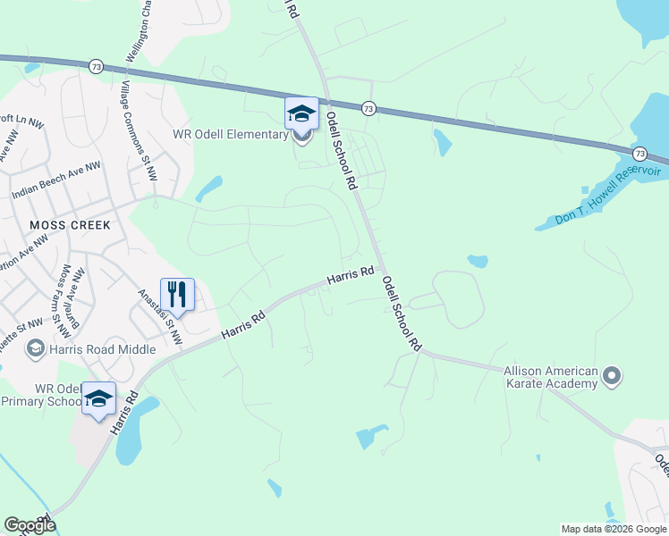 map of restaurants, bars, coffee shops, grocery stores, and more near 1387 Odell School Road in Concord