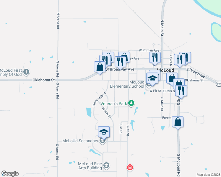 map of restaurants, bars, coffee shops, grocery stores, and more near 404 Jarman Drive in McLoud