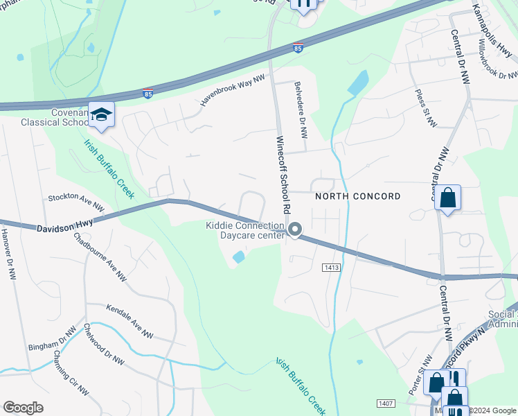 map of restaurants, bars, coffee shops, grocery stores, and more near 2871 Mountcrest Circle Northwest in Concord